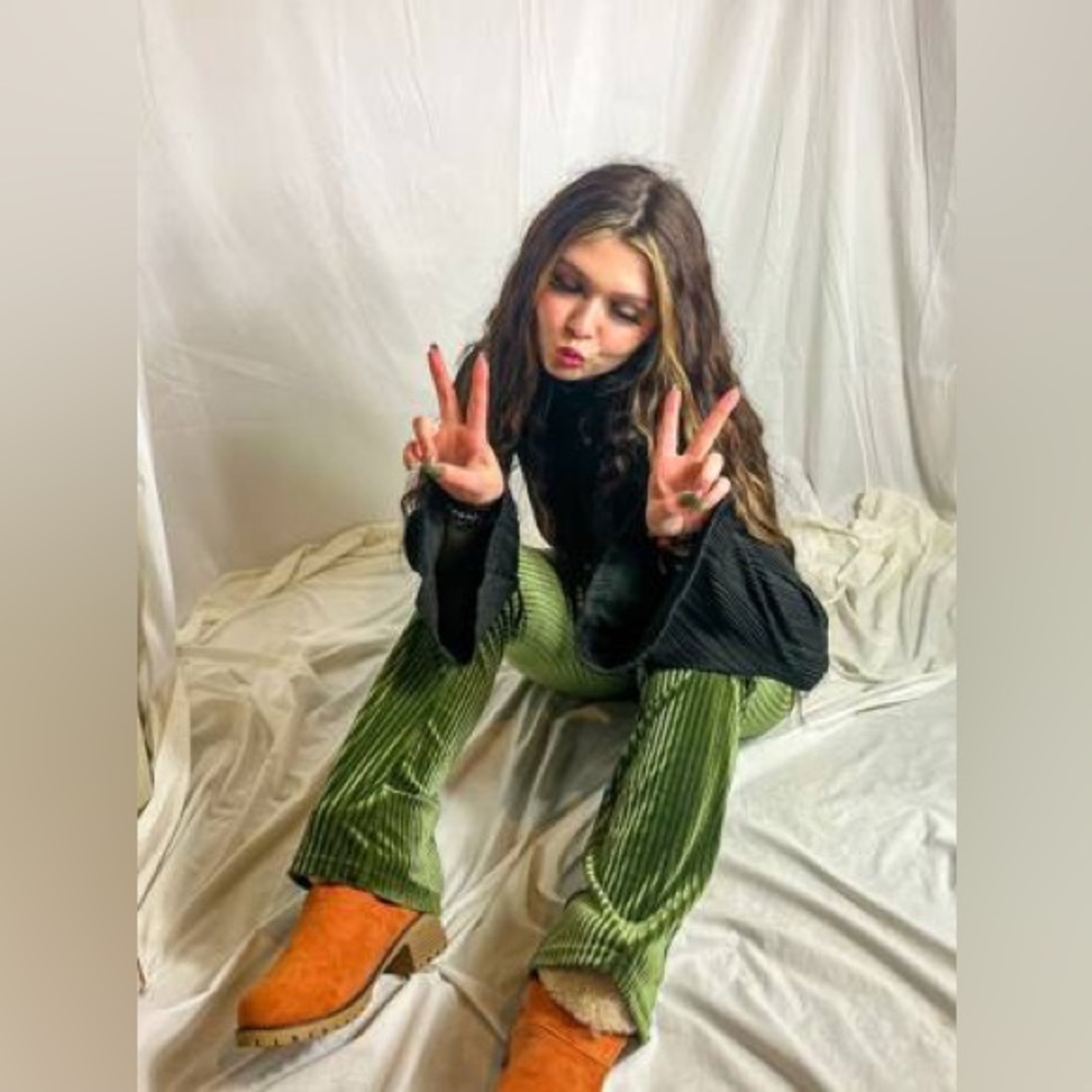 Green Velvet Flare Pants